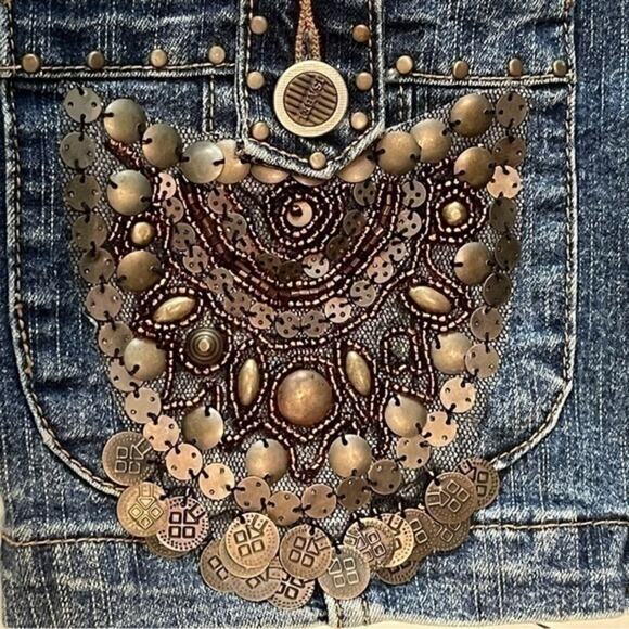 Isabel Beaded Sequined Boho Hippie Festival Blue Jean Jacket Size M - Picture 3 of 11